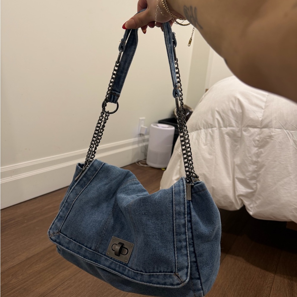 Denim Shoulder Bag with Chain Strap - Blue
